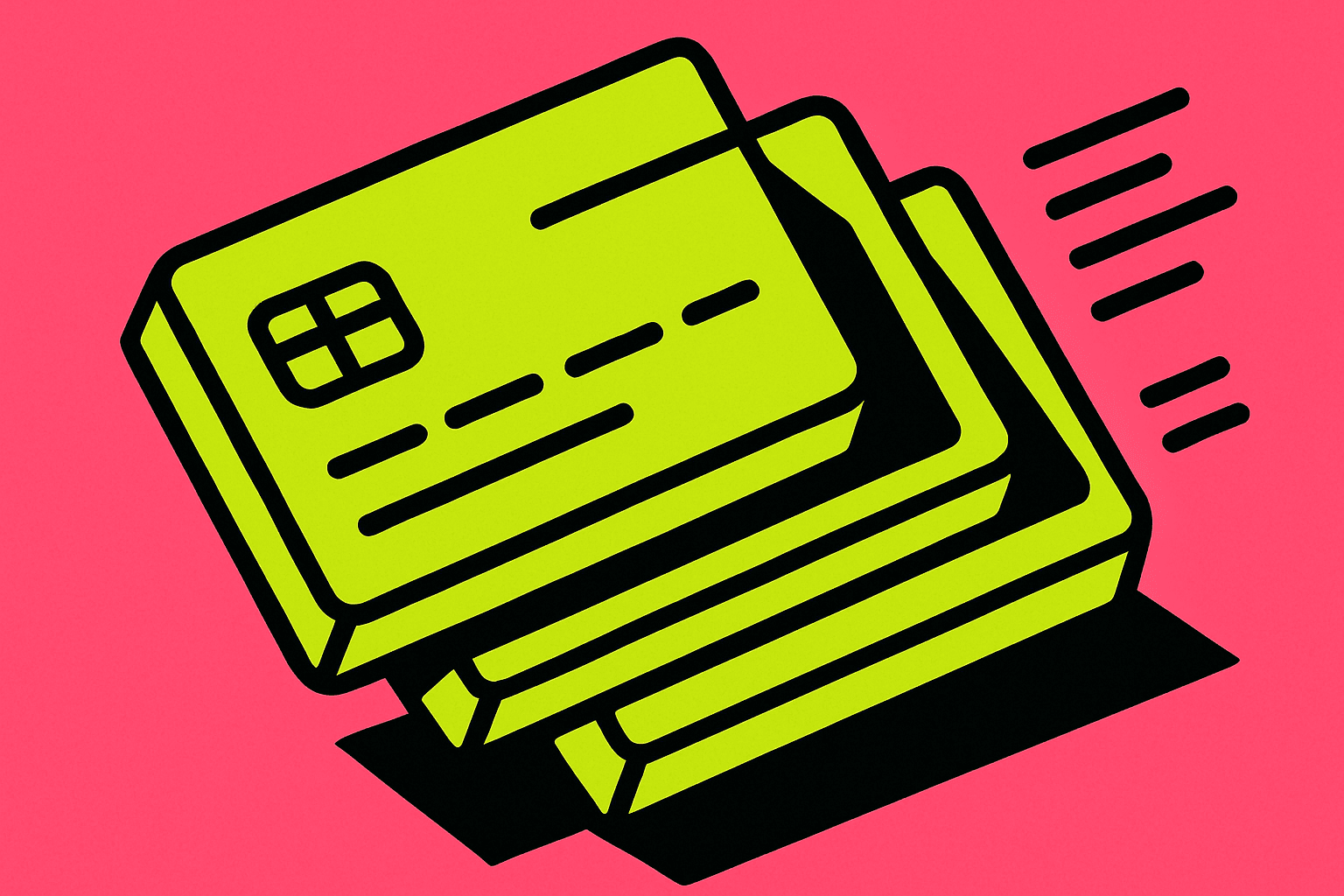 Fanned stack of Ledgerline payment cards in lime, pink and black