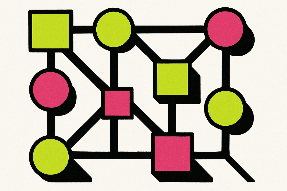Abstract ledger network with lime and pink nodes